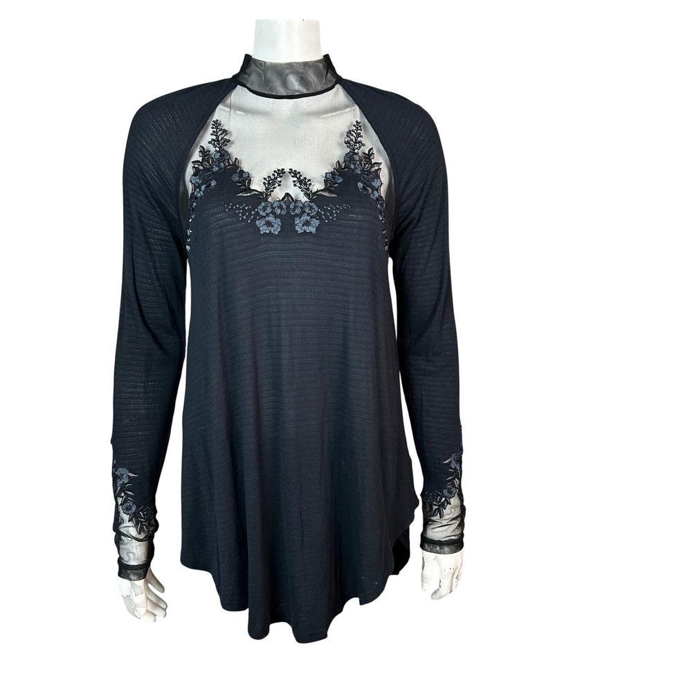 Free People whimsigoth lace top Small Phoebe Floral Mesh Mock Neck Long Sleeve